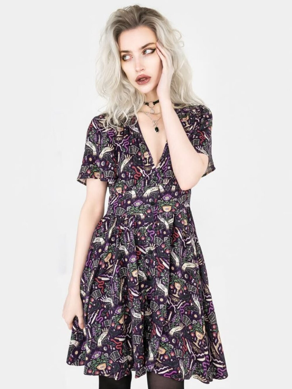 DISTURBIA Modern Mystic button up witchy print mini dress